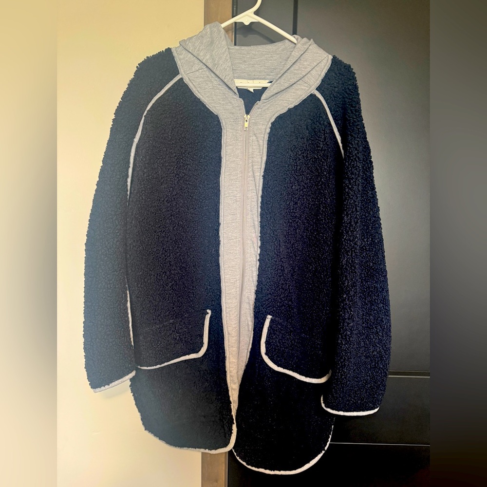 Black sherpa jacket w/ hood, Davi and Dani brand, size large but fits up to a 2X